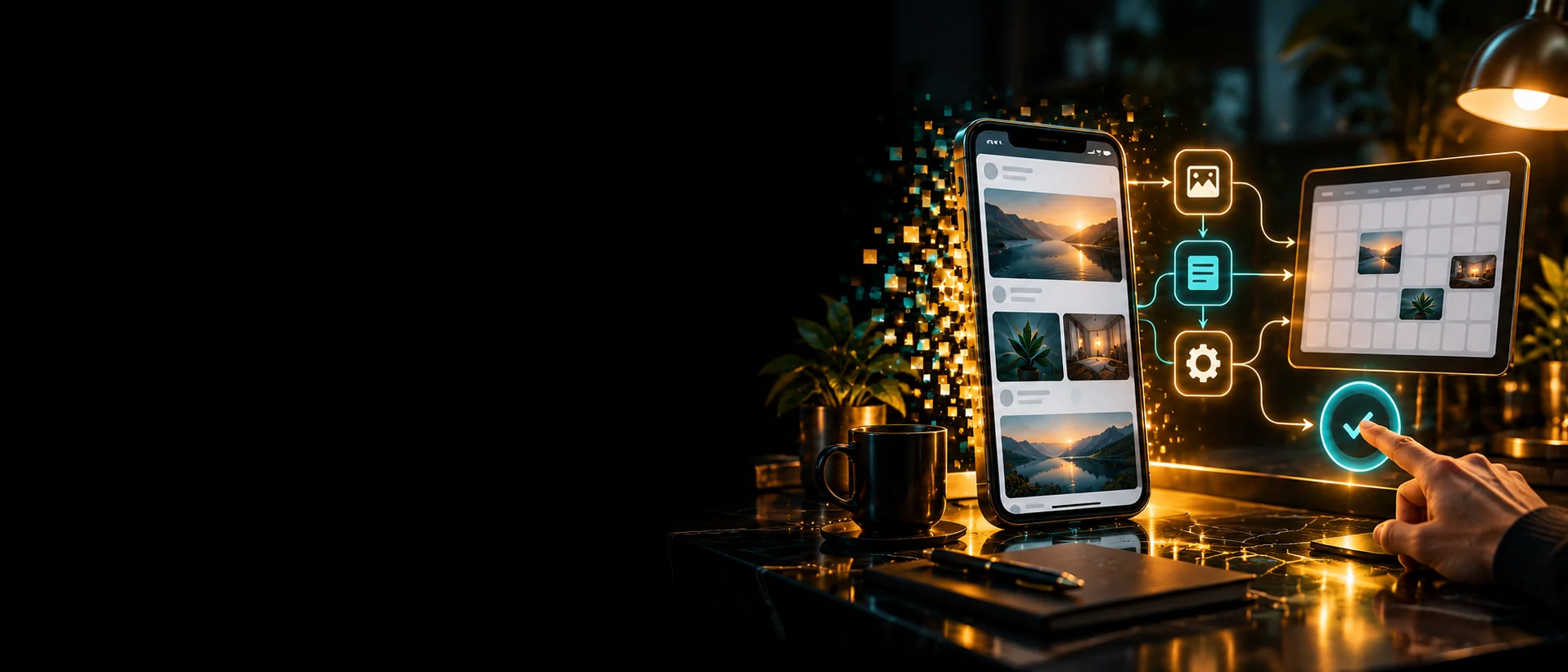 Smartphone mit vorbereitetem Foto-Feed, Kalender und Workflow; ein Mensch bestätigt die Freigabe.