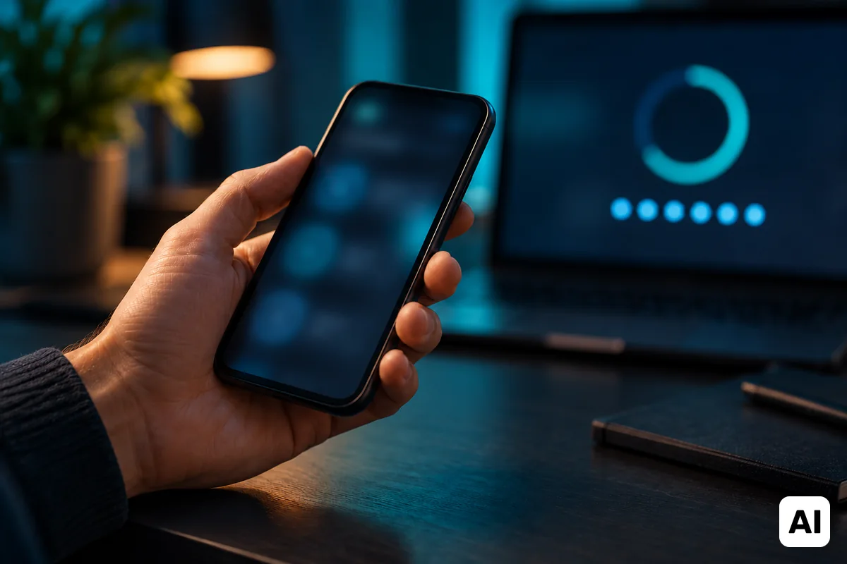 Eine Hand hält ein Smartphone, im unscharfen Hintergrund ist eine Authenticator-App zu erahnen – KI-generiertes Bild