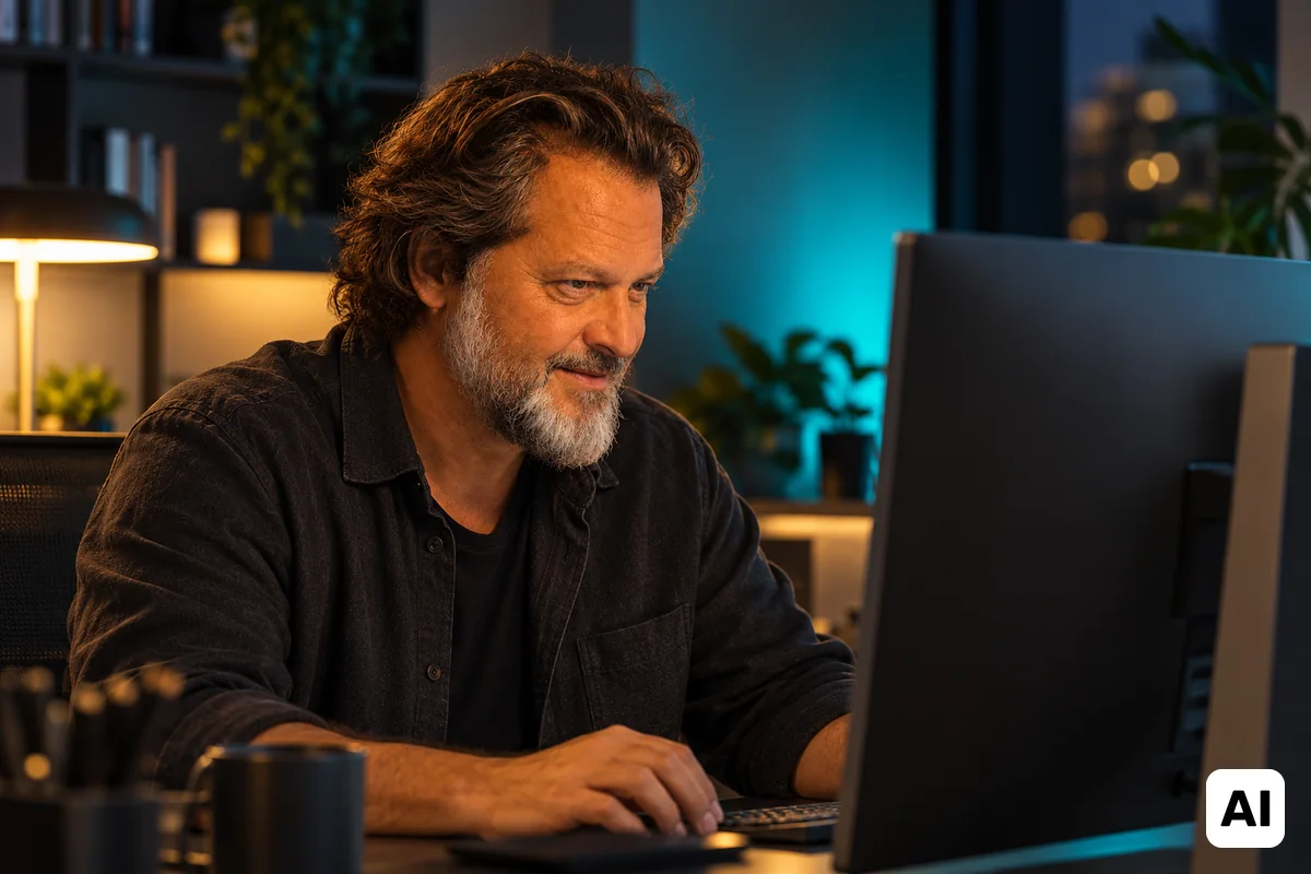 Claus Günnewig am Schreibtisch, der Monitor ist von der Seite zu sehen, sodass nichts lesbar ist – KI-generiertes Bild