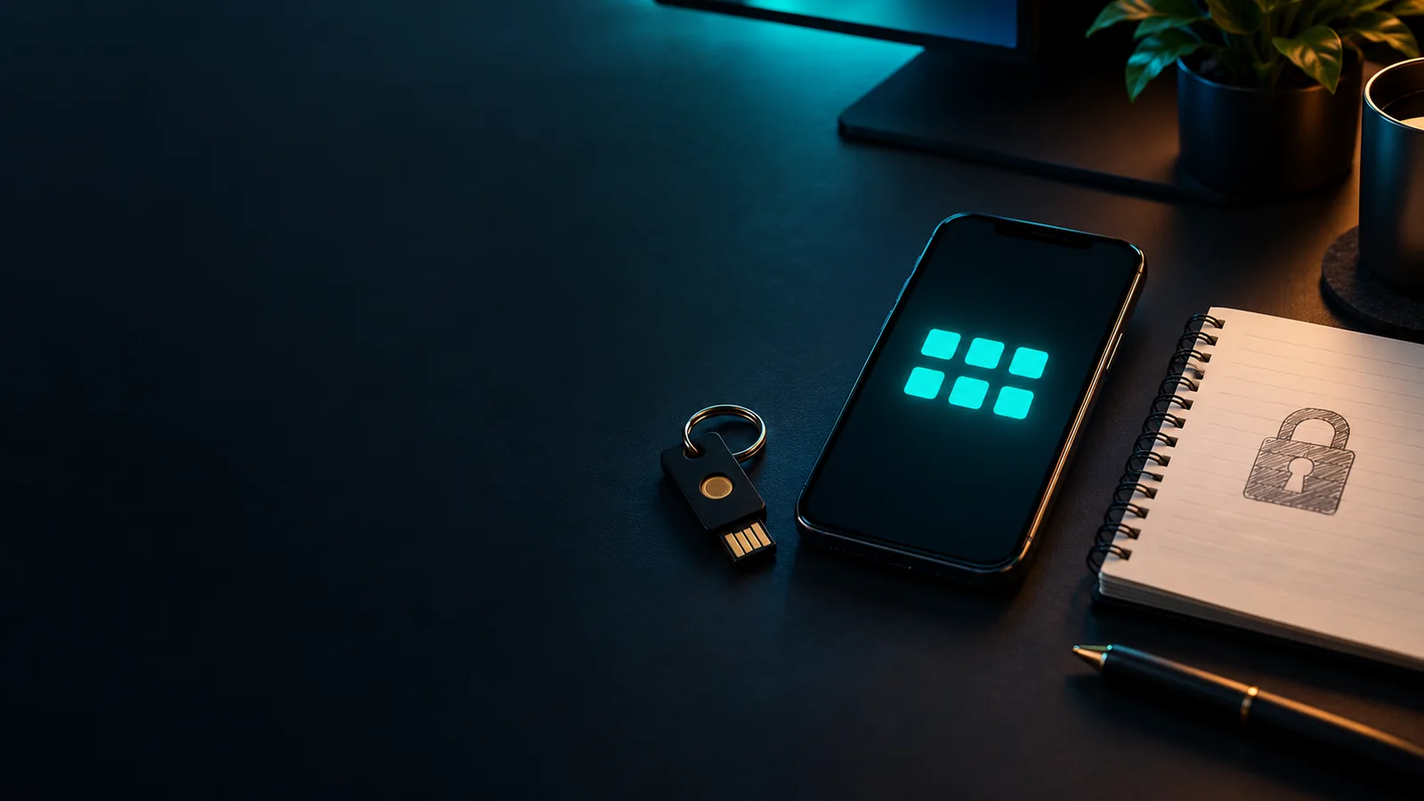 Aufgeräumter dunkler Schreibtisch bei Nacht im petrolfarbenen Licht eines Monitors: ein Smartphone mit leuchtendem, unleserlichem Code-Feld, ein kleiner Hardware-Sicherheitsschlüssel am Schlüsselbund und ein aufgeklapptes Notizbuch mit gezeichnetem Vorhängeschloss