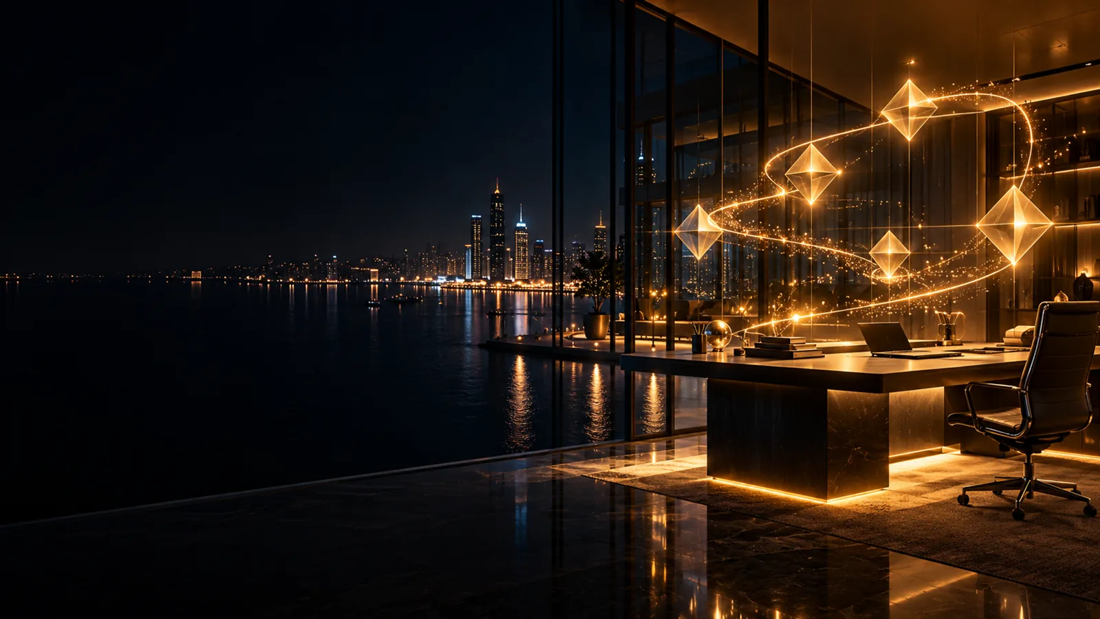 Modernes Büro bei Nacht in einem gläsernen Gebäude am Wasser; über dem Schreibtisch schweben goldene Prozesslinien und Rauten wie ein dreidimensionales Ablaufdiagramm, durch das kleine Lichtpunkte fließen