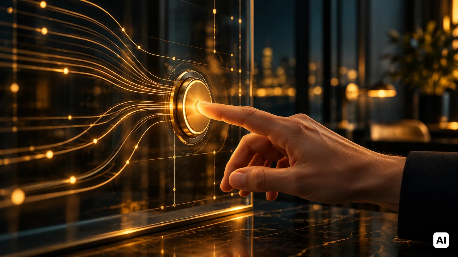 Nahaufnahme einer Hand, die einen leuchtenden Knopf auf einem Glaspanel drückt; um die Hand ordnen sich goldene Datenlinien zu einem geordneten Muster – KI-generiertes Bild