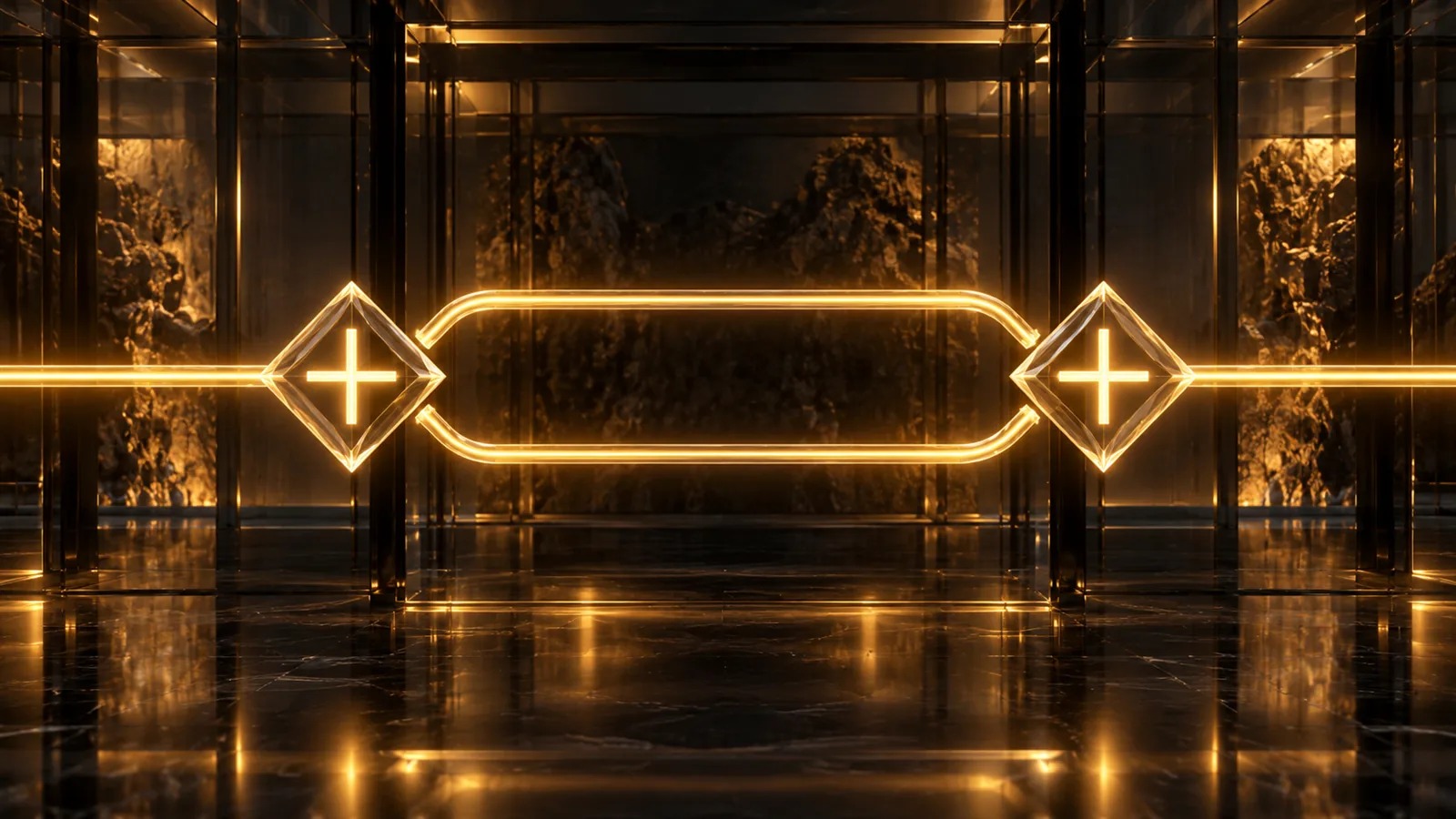 Abstraktes Bild: Ein goldener Lichtstrahl trifft auf ein leuchtendes Rautensymbol, teilt sich in zwei parallele Strahlen und vereint sich weiter hinten in einer zweiten Raute