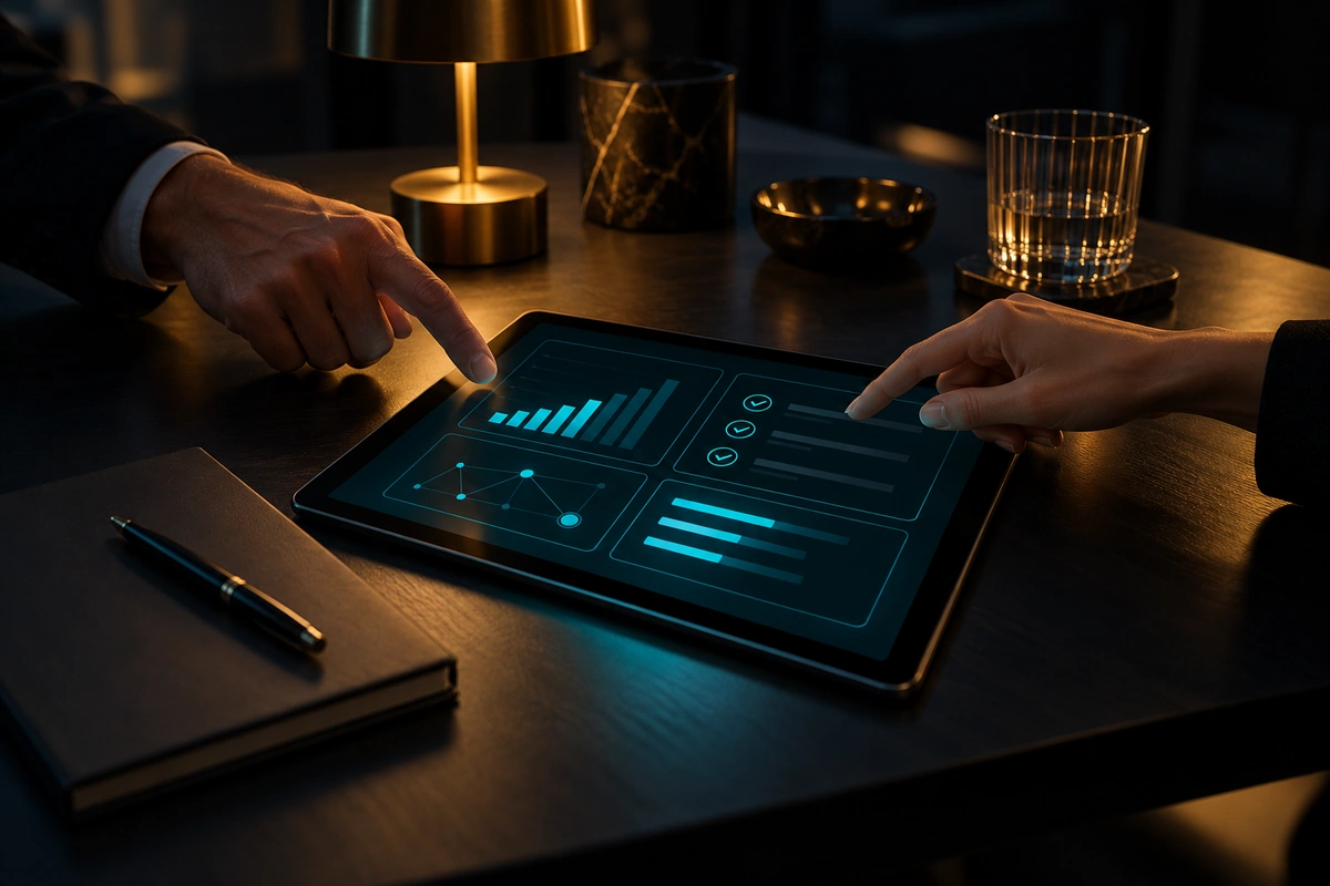 Zwei Hände zeigen gemeinsam auf ein Tablet auf einem dunklen Besprechungstisch; darauf eine dunkle Arbeitsraum-Seite aus Karten mit Diagrammen, Häkchen und Balken, daneben ein geschlossener Notizblock mit Stift – KI-generiertes Bild