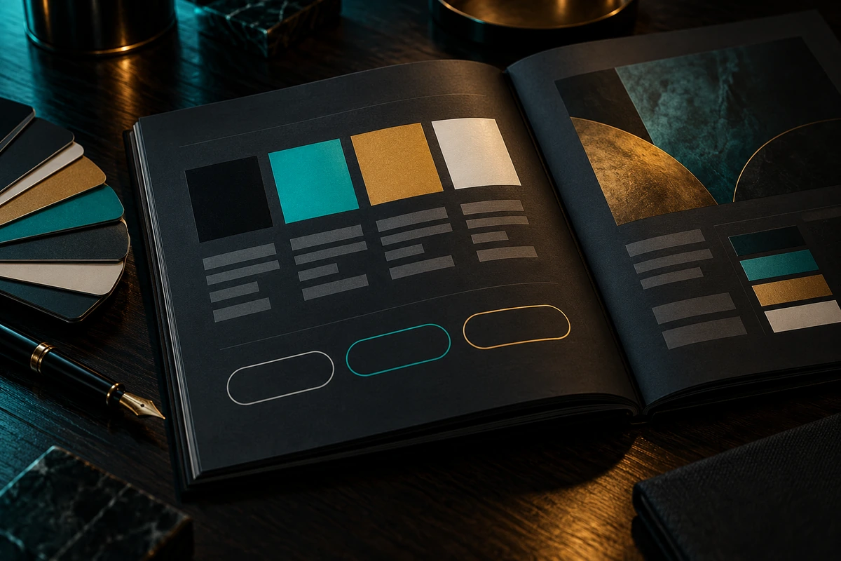 Aufgeschlagenes dunkles Style Book mit Farbfeldern in Schwarz, Türkis, Gold und Weiß, Schriftmustern als Balken und drei Knopf-Varianten, daneben ein Farbfächer und ein Füller – KI-generiertes Bild