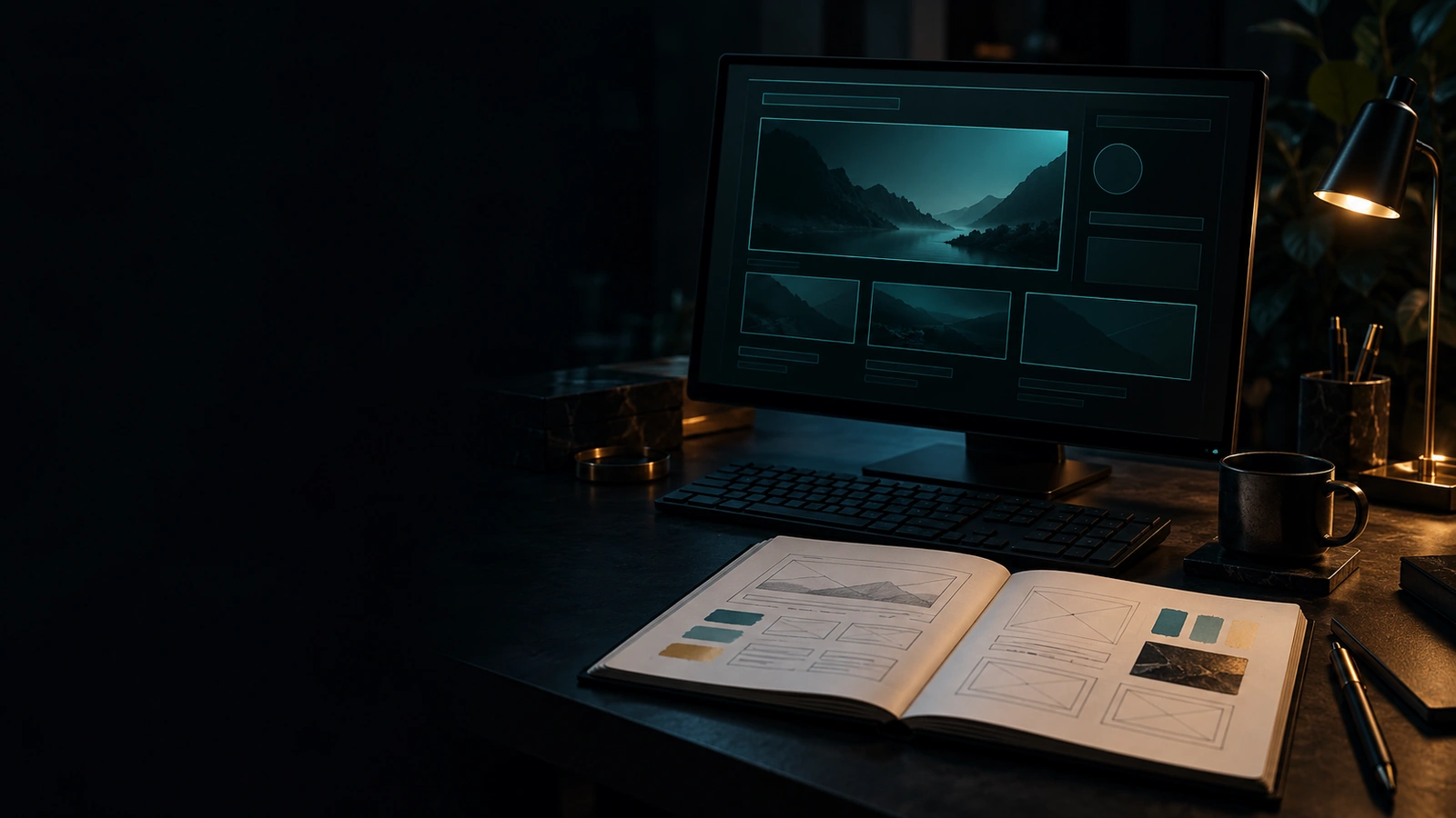 Dunkler Schreibtisch bei Nacht im petrolfarbenen Licht: Auf dem Monitor entsteht eine Website aus Kacheln mit Landschaftsbildern, davor ein aufgeschlagenes Notizbuch mit skizzierter Seitenstruktur und Farbfeldern in Türkis und Gold, daneben eine Schreibtischlampe mit warmem Licht – KI-generiertes Bild