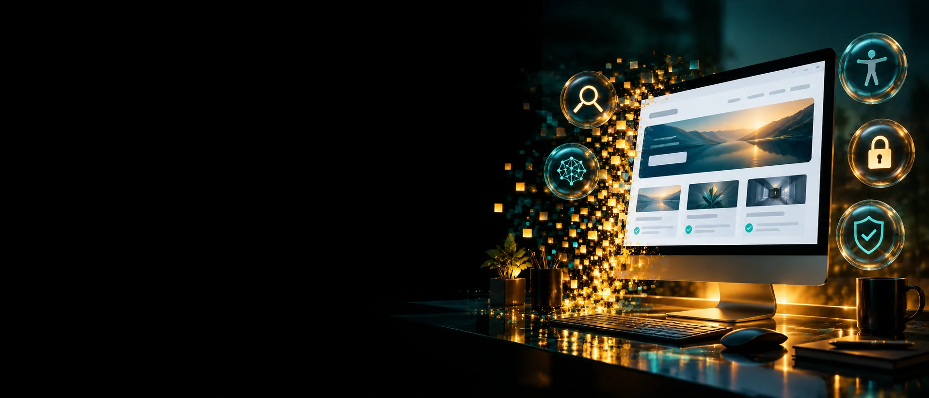 Website auf einem Bildschirm mit Symbolen für Suche, KI, Barrierefreiheit, Datenschutz und Sicherheit; goldene und türkisfarbene Pixel verbinden die Elemente.