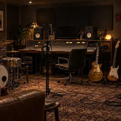 Tonstudio mit Mischpult und Gitarren