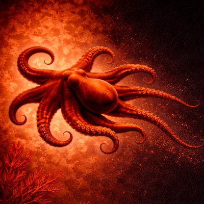 Feuerroter Oktopus im dunklen Wasser