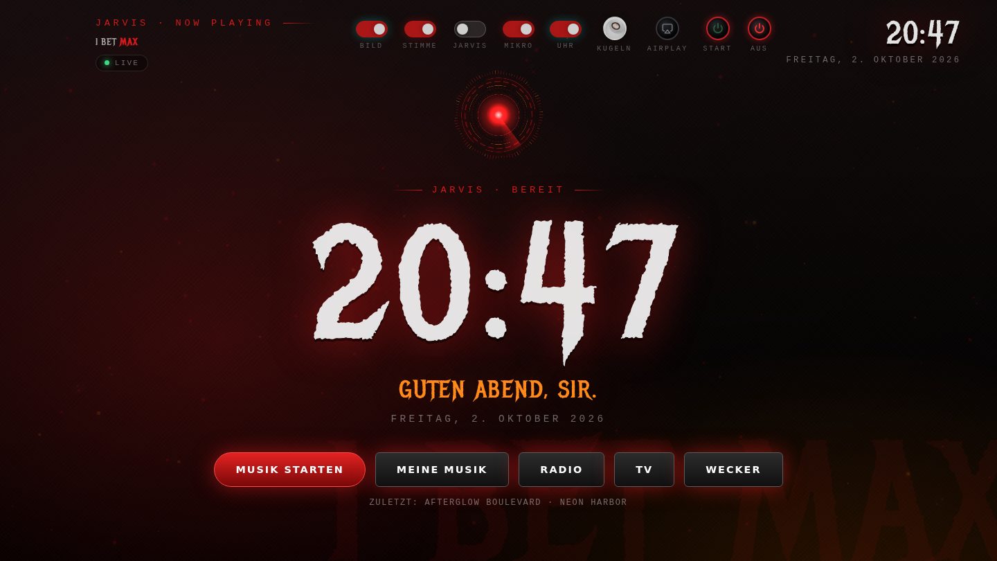 Startbildschirm mit Uhr und Begrüßung