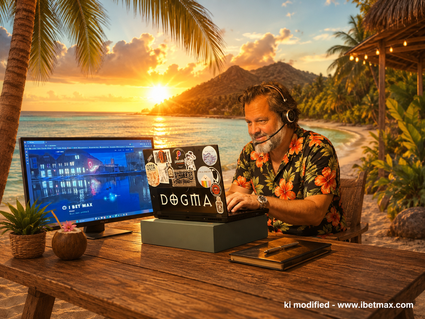 Vollständig mit KI erzeugte Hawaii-Arbeitsszene mit Claus