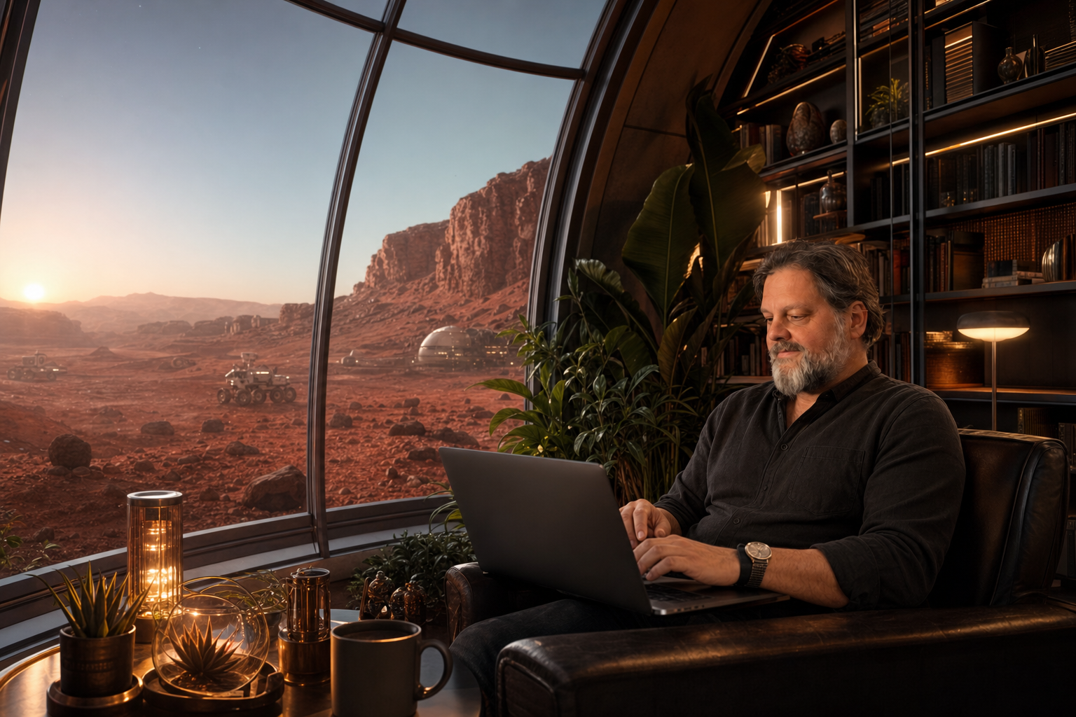 Vollständig KI-generierte Szene mit Claus in einer Bibliothek auf dem Mars