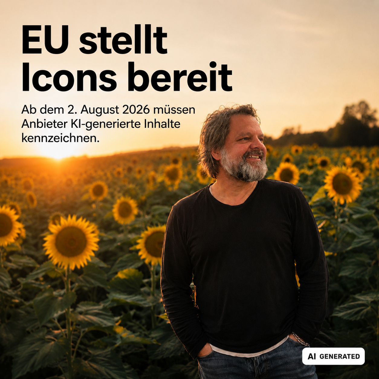 Claus in einem Sonnenblumenfeld mit dem Hinweis auf die EU-Kennzeichnung von KI-Inhalten ab August 2026
