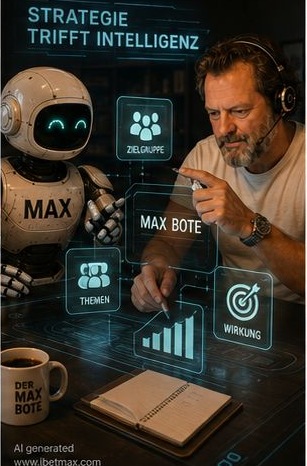 KI-generiert: Max und Claus vor einer Strategie-Wand