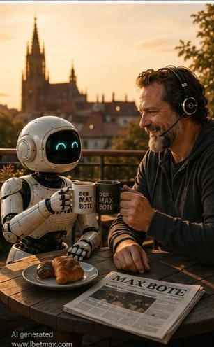 KI-generiert: Max und Claus vor der Skyline von Münster