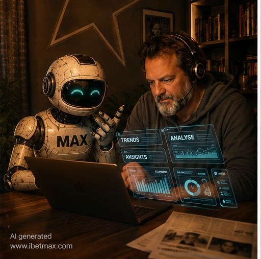 KI-generiert: Max und Claus analysieren Trends auf Bildschirmen
