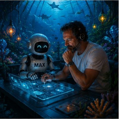 KI-generiert: Max und Claus erkunden eine Unterwasserwelt