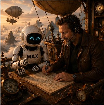 KI-generiert: Max und Claus in einem Steampunk-Ballon