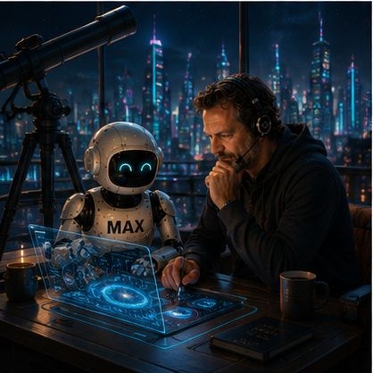 KI-generiert: Max und Claus mit Teleskop über einer Neon-Stadt