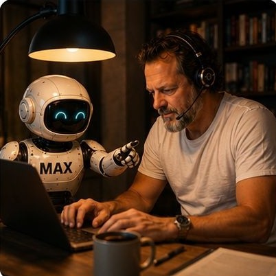 KI-generiertes Motiv: Max und Claus arbeiten gemeinsam am Laptop an der Tageszeitung