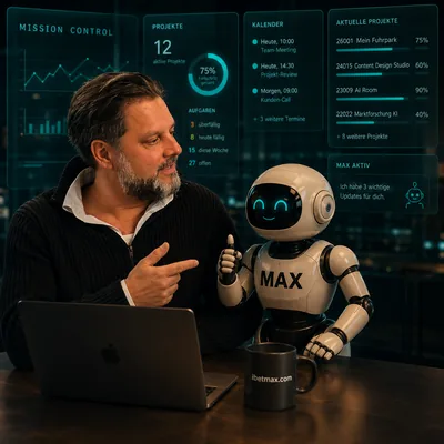 KI-generiertes Motiv: Claus und Max vor den Glastafeln der Mission-Control-Oberfläche