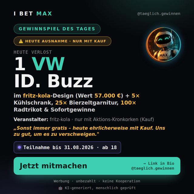 Instagram-Grafik: 1 VW ID. Buzz im fritz-kola-Design, mit Warnbadge Heute Ausnahme nur mit Kauf