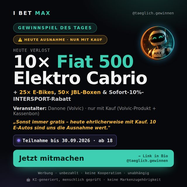Instagram-Grafik: 10 mal Fiat 500 Elektro Cabrio, Veranstalter Danone Volvic, mit Kaufzwang-Hinweis