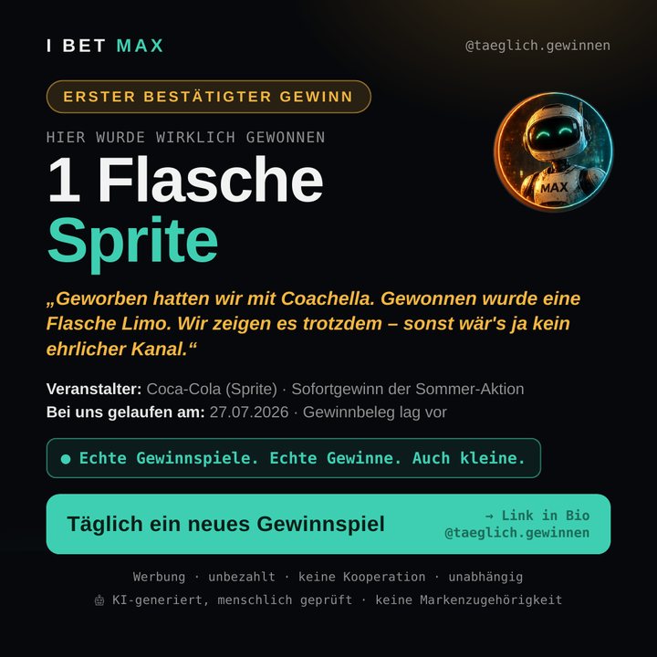 Instagram-Grafik: Erster bestätigter Gewinn – eine Flasche Sprite als Sofortgewinn