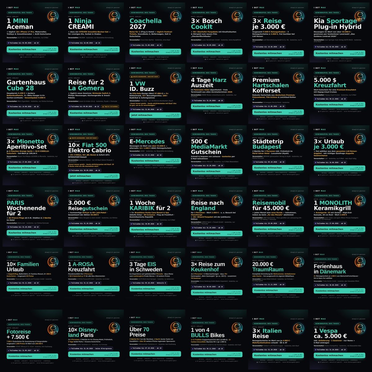Sechs mal sechs Raster mit 36 Instagram-Grafiken des Kanals im einheitlichen dunklen ibetmax-Design mit mintfarbenen Akzenten